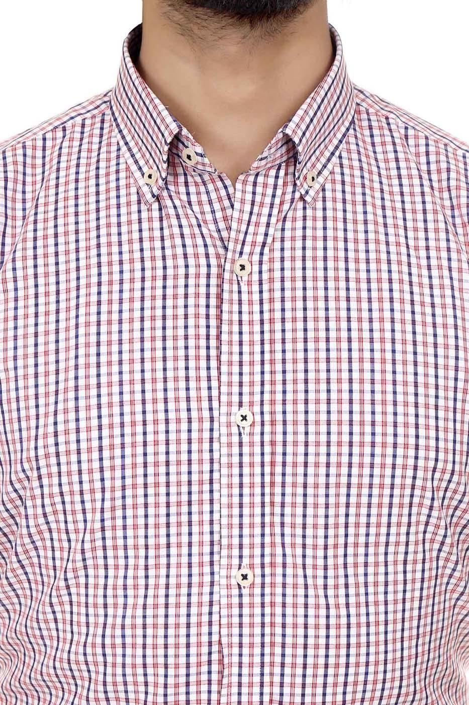 Men's semi-formal short-sleeve shirt collar, red and navy check, button placket