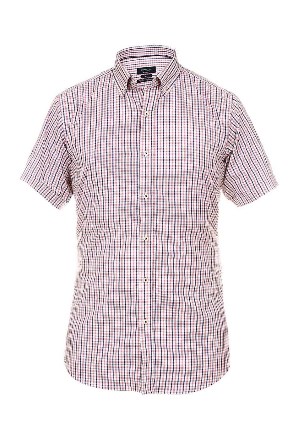 Men's semi-formal short-sleeve shirt, red and navy check pattern, button-front