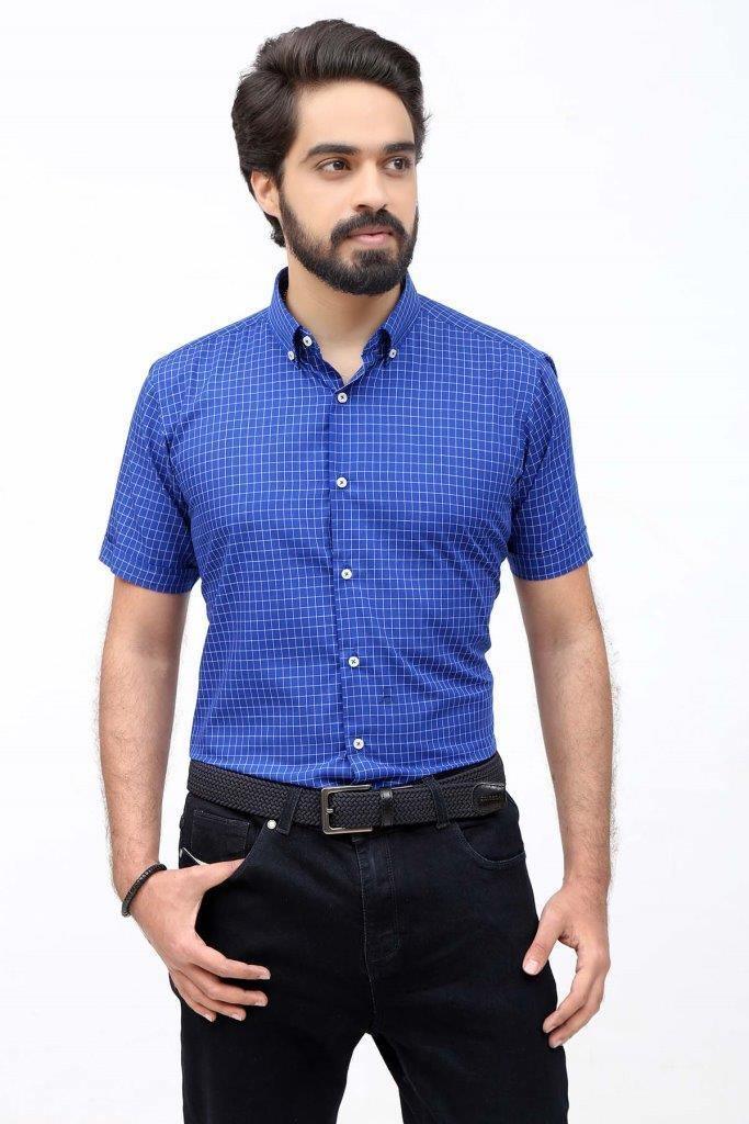 Men's royal blue check half-sleeve shirt with short sleeves and button front