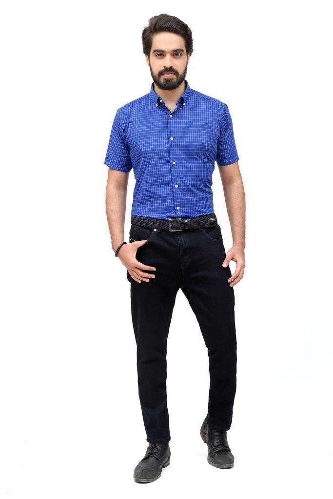Men's royal blue check half-sleeve semi formal shirt with button-down collar