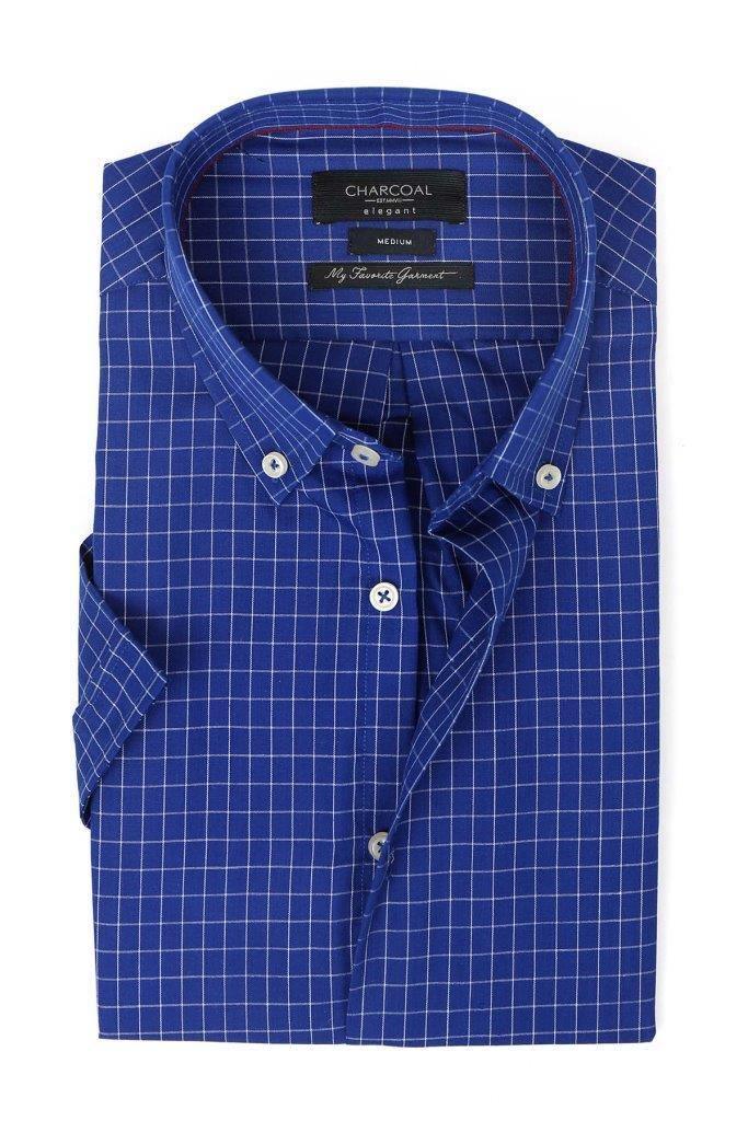 Royal blue check half-sleeve shirt front with button placket and spread collar