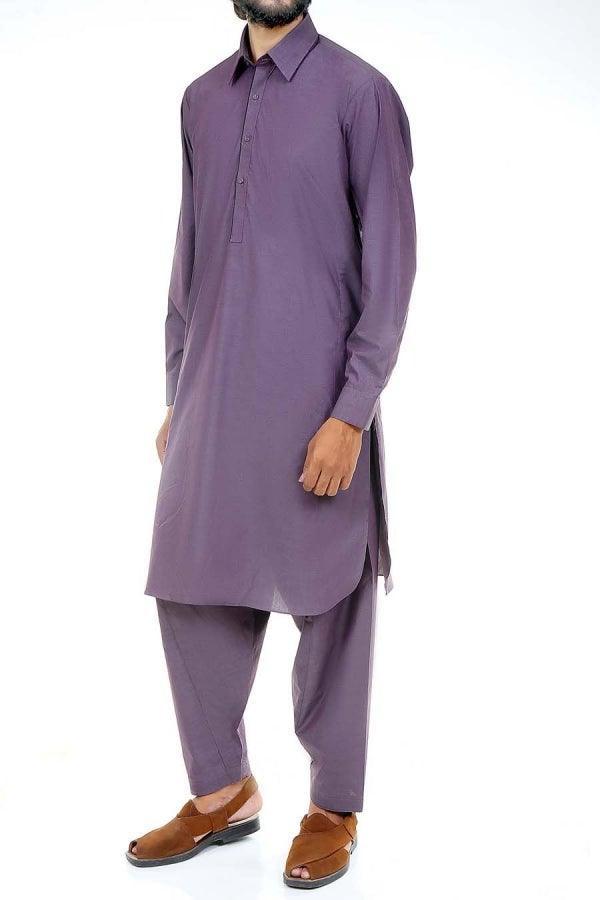 Purple shalwar kameez with pointed collar, button placket and matching trousers