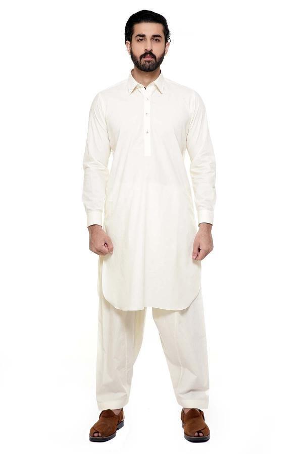 Cream shalwar kameez with collar, long sleeves and matching trousers