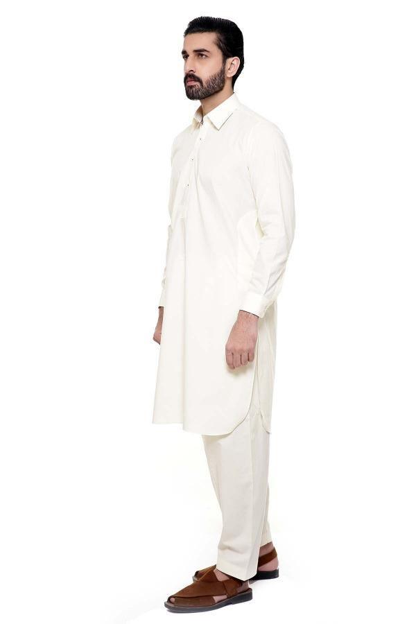 Cream shalwar kameez set with collar and straight-leg trousers
