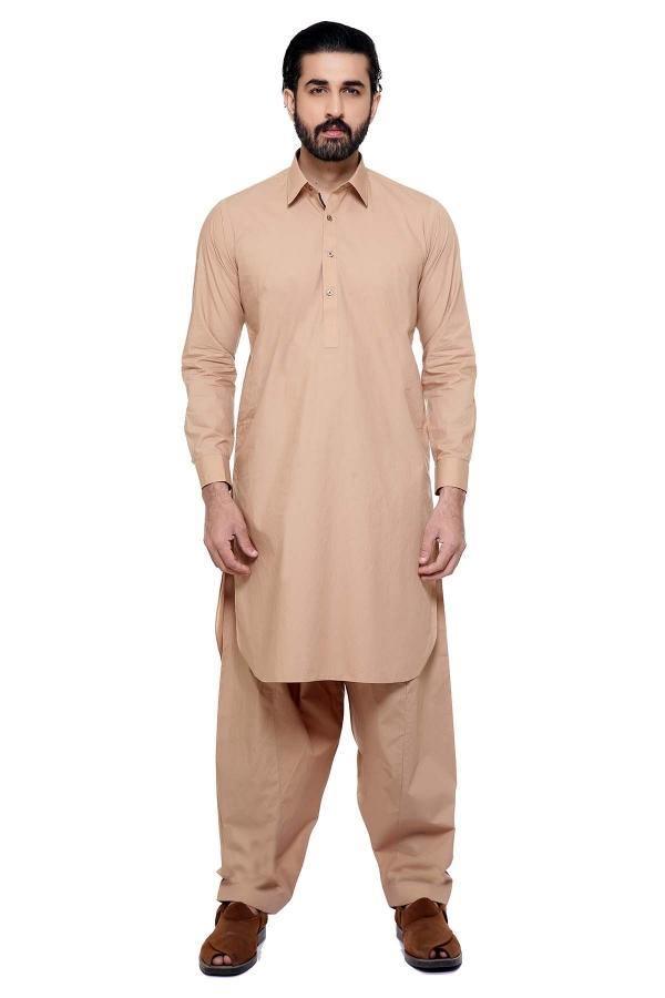 Shalwar Kameez with Collar Light Brown at Charcoal Clothing