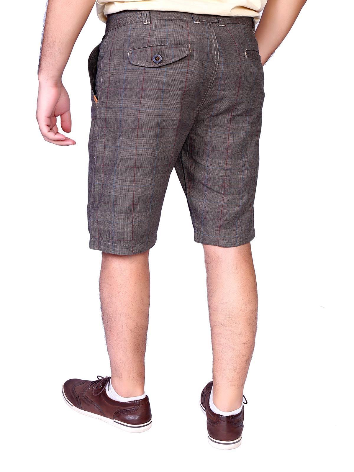 Brown check shorts with flap back pocket and button waist