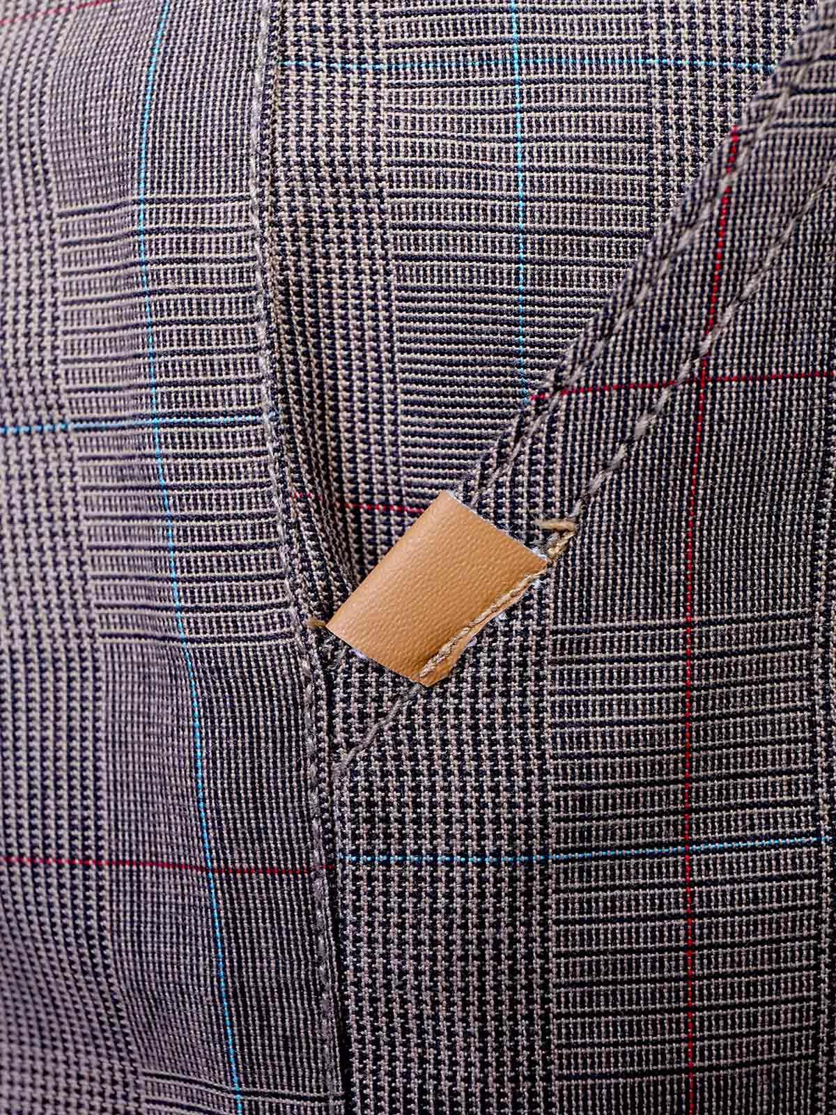 Brown check fabric shorts with tan leather brand patch