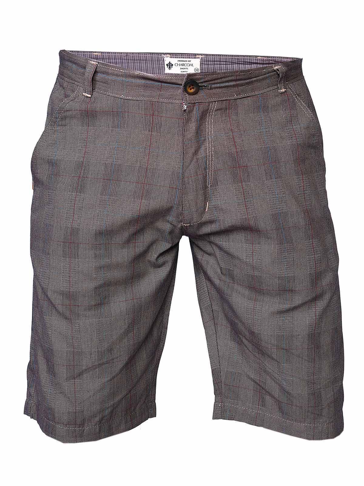 Men's brown check shorts with button fly, belt loops, and side pockets