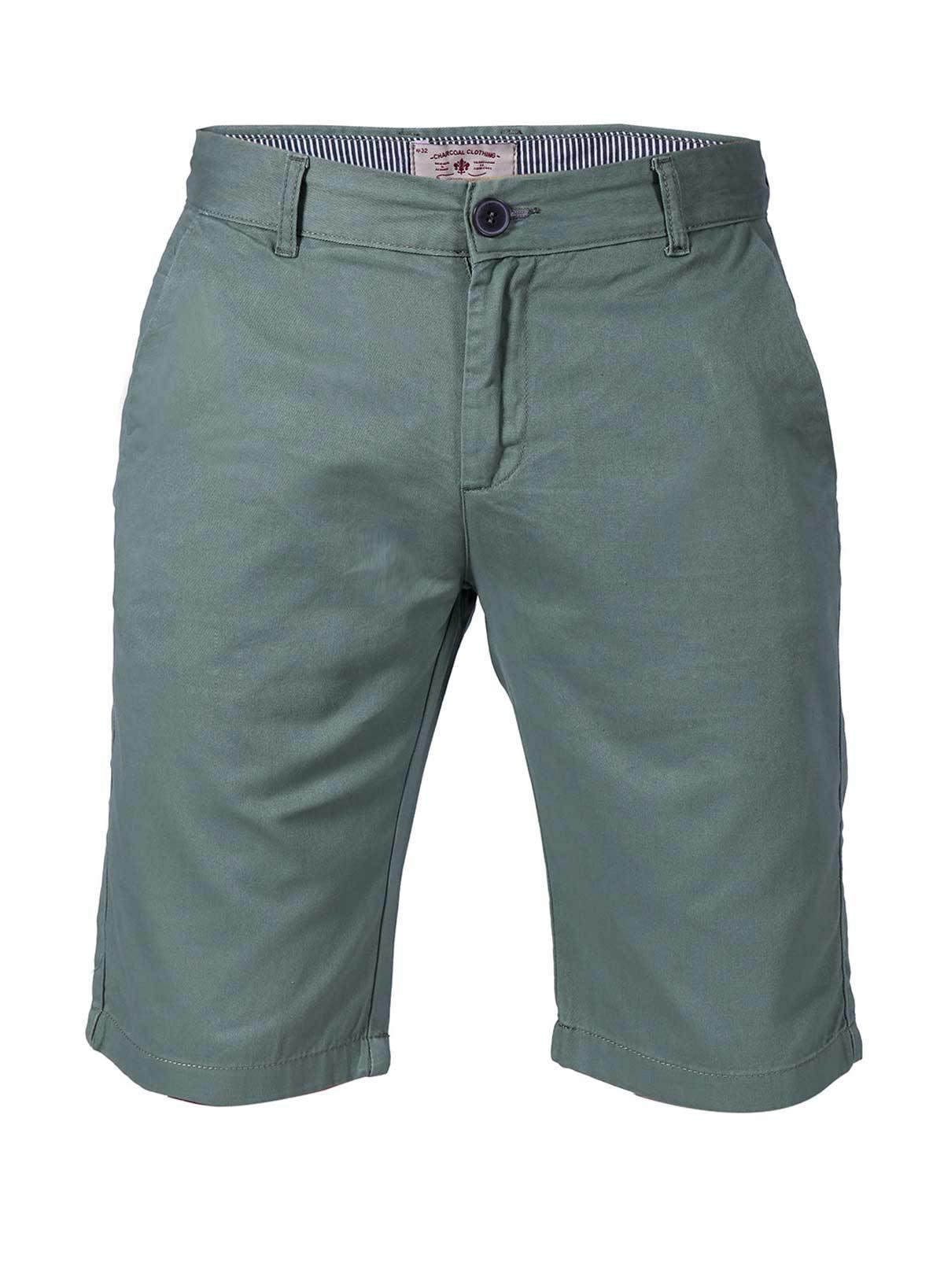 Green chino shorts with belt loops, button fly, and front pockets