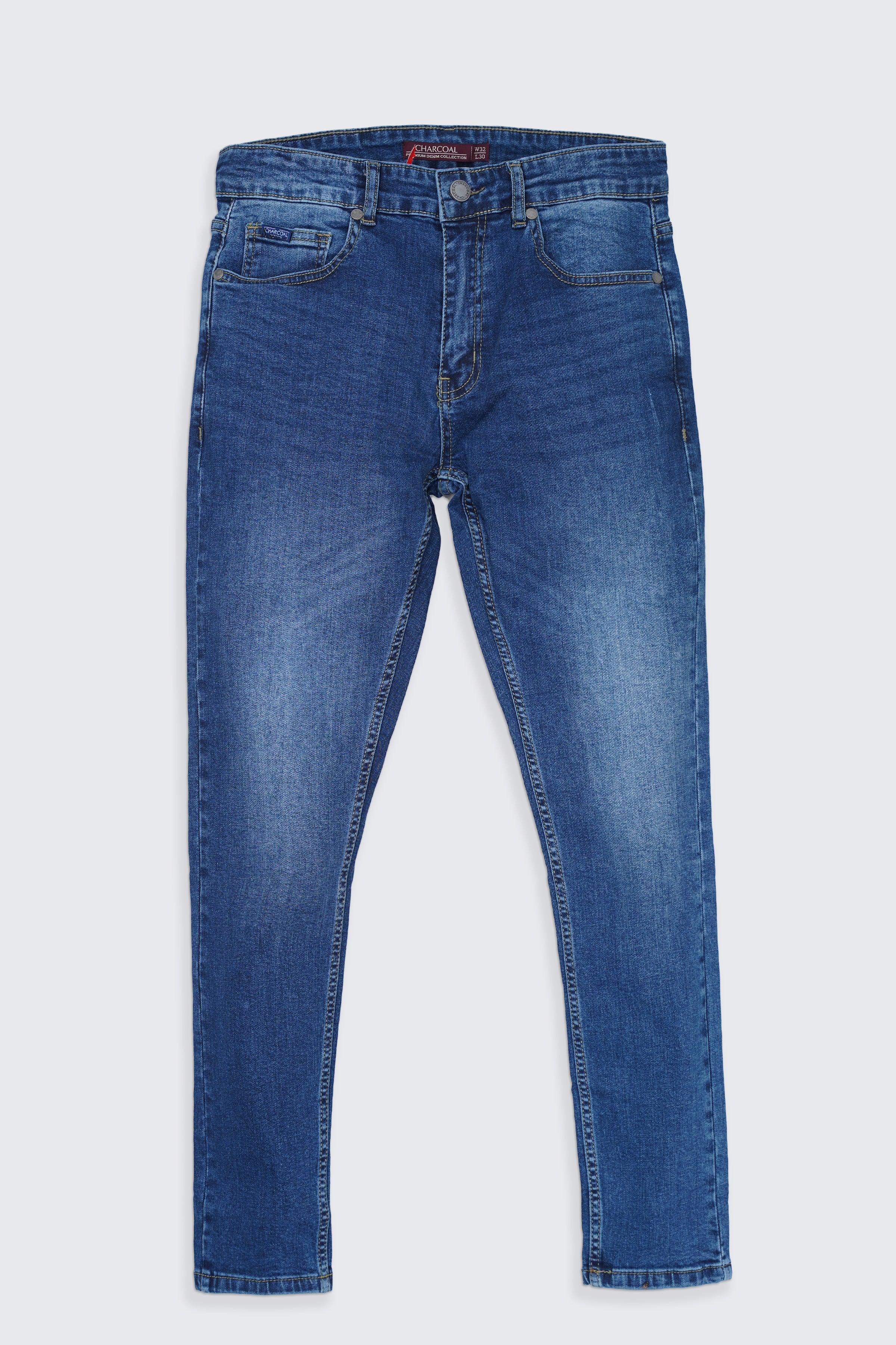 Mid blue skinny jeans with belt loops and front zipper fly