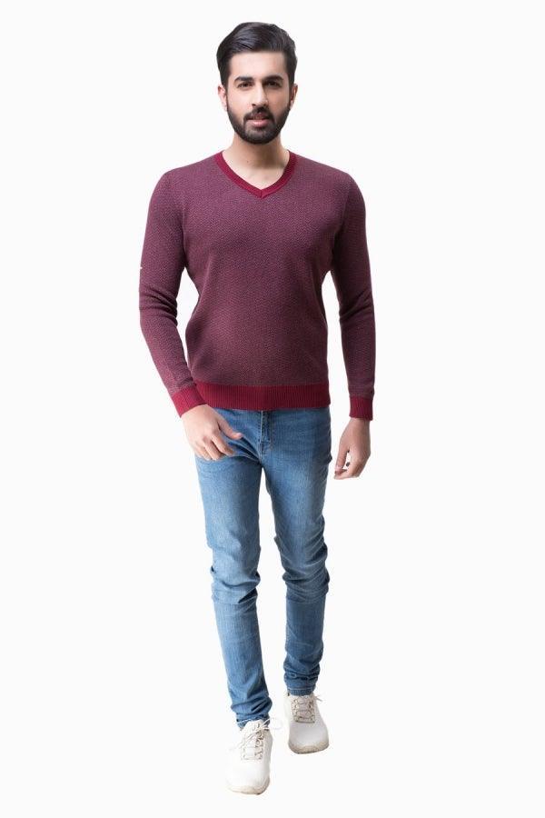 Maroon V-neck long-sleeve sweater with ribbed cuffs and hem, front view