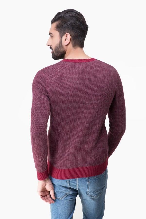 Maroon V-neck long-sleeve sweater, back view with ribbed neckline and hem