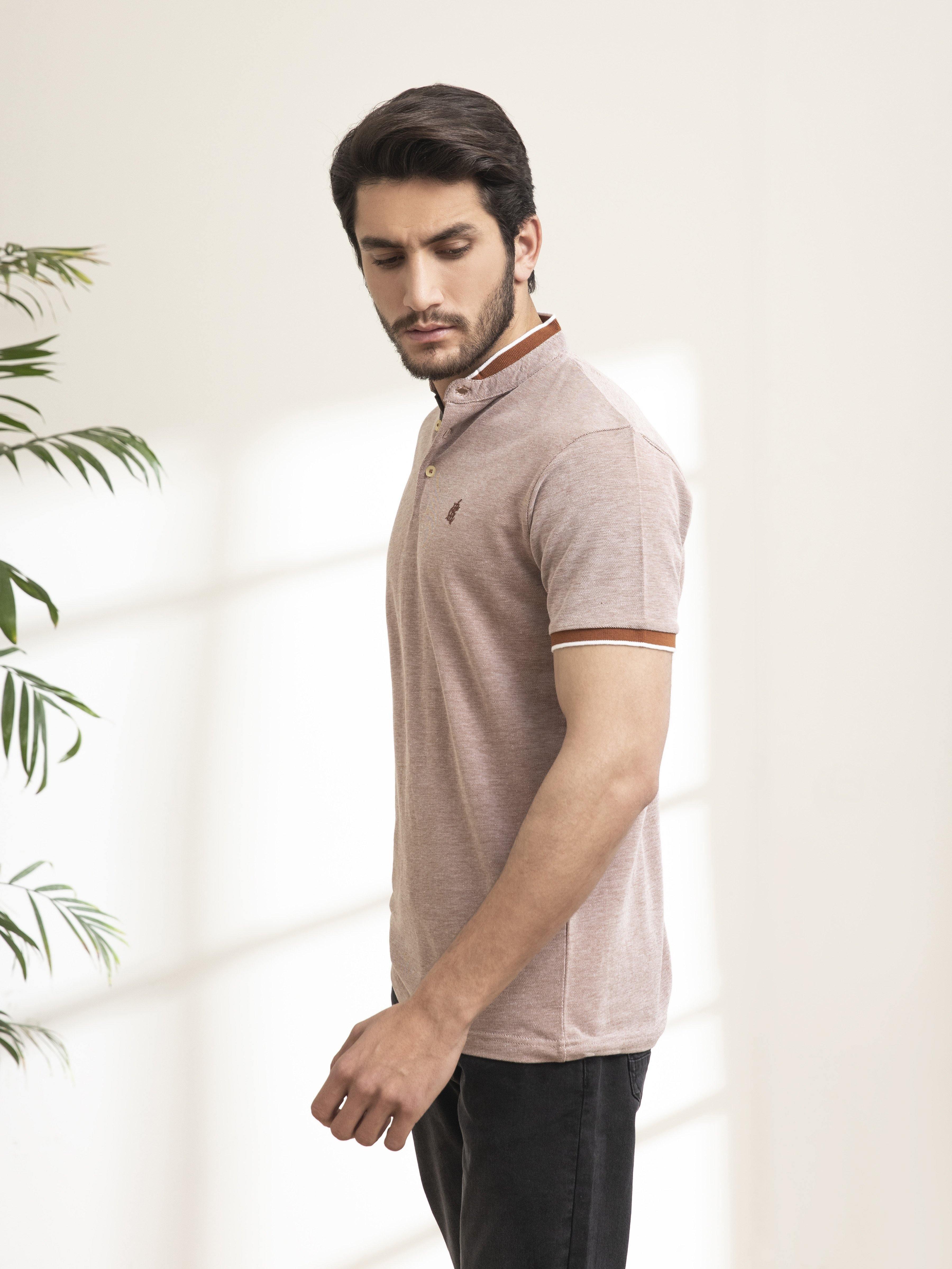 T SHIRT BAN COLLAR BIRD EYE WITH EMBROIDERY RUST at Charcoal Clothing