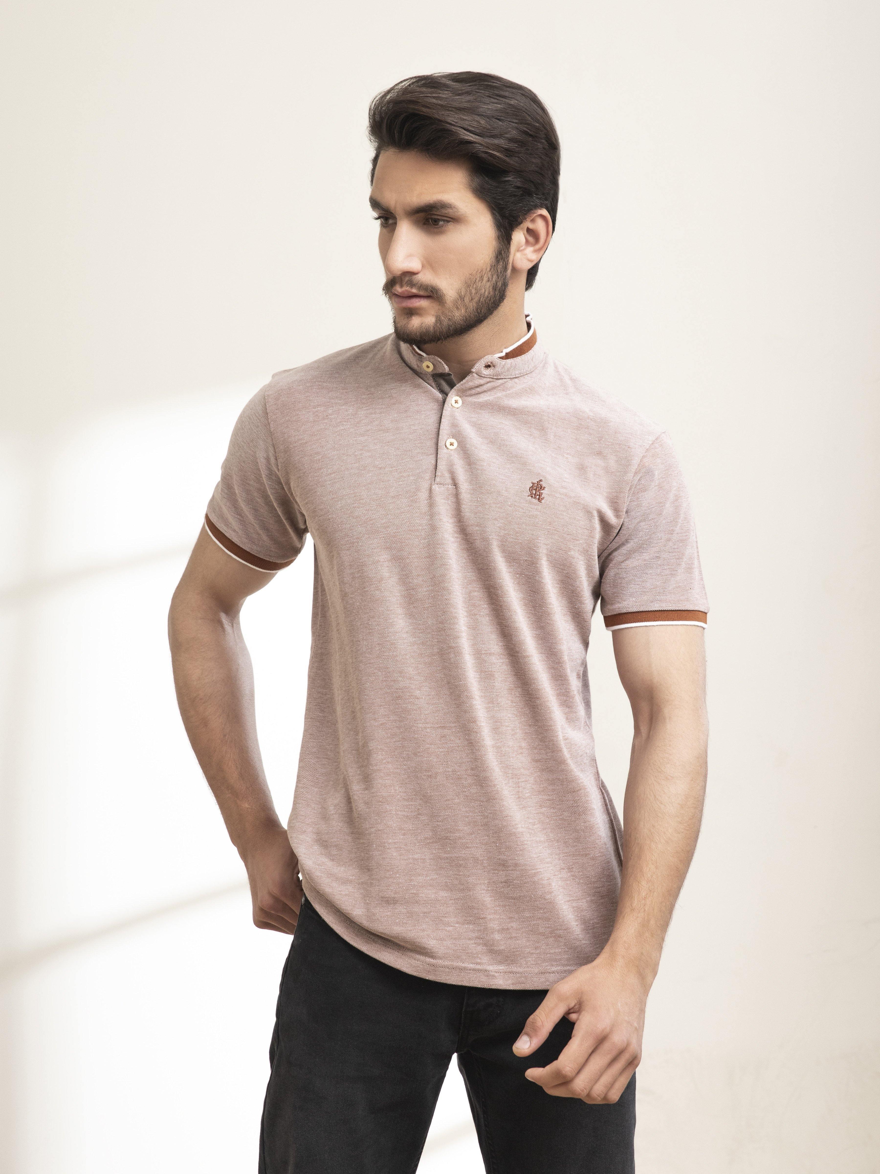 T SHIRT BAN COLLAR BIRD EYE WITH EMBROIDERY RUST at Charcoal Clothing