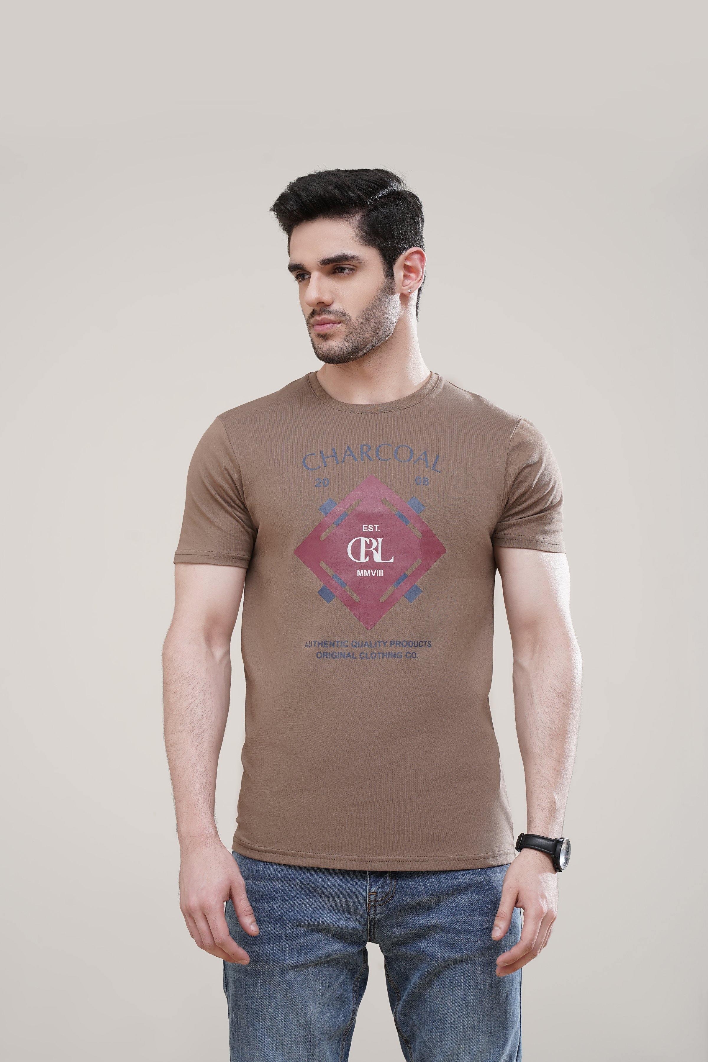 T SHIRT CREW NECK KHAKI at Charcoal Clothing