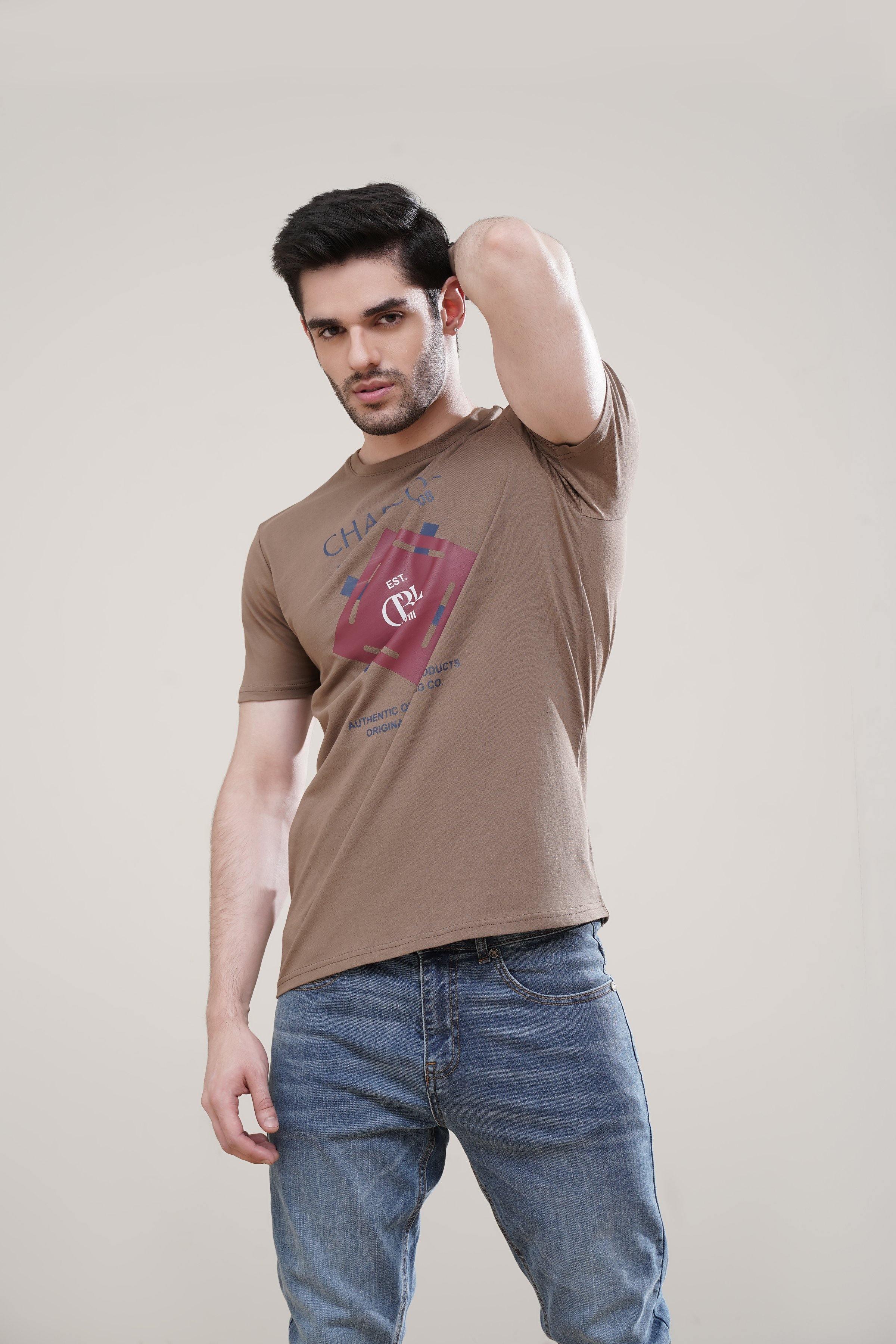 T SHIRT CREW NECK KHAKI at Charcoal Clothing