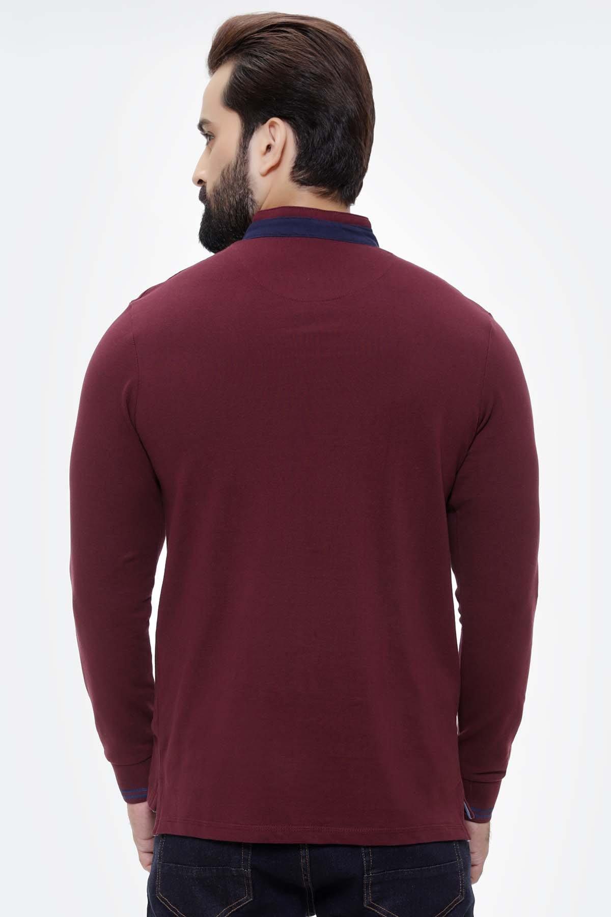 Maroon long-sleeve henley T-shirt, back view
