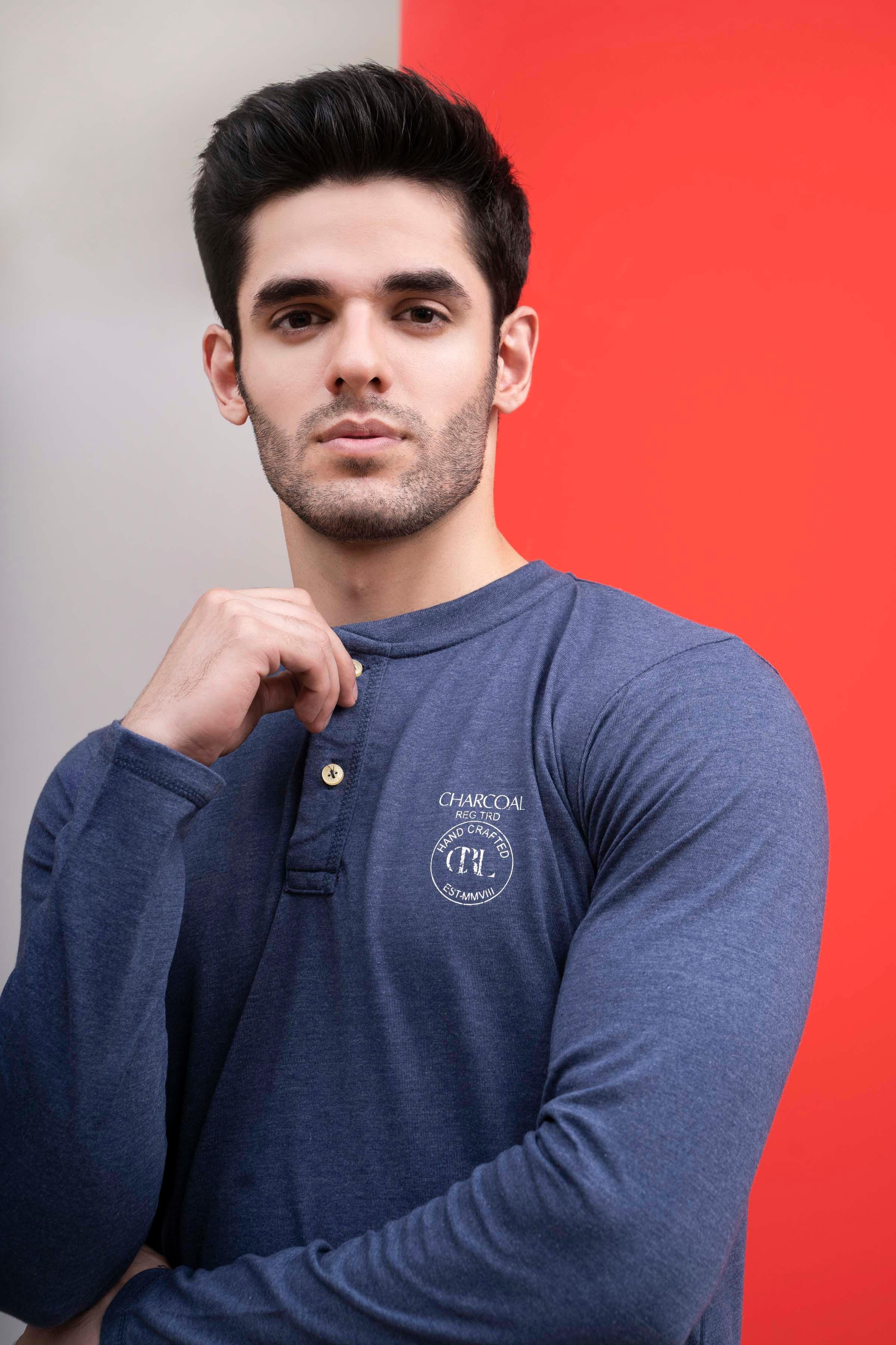 T SHIRT HENLAY FULL SLEEVE BLUE at Charcoal Clothing