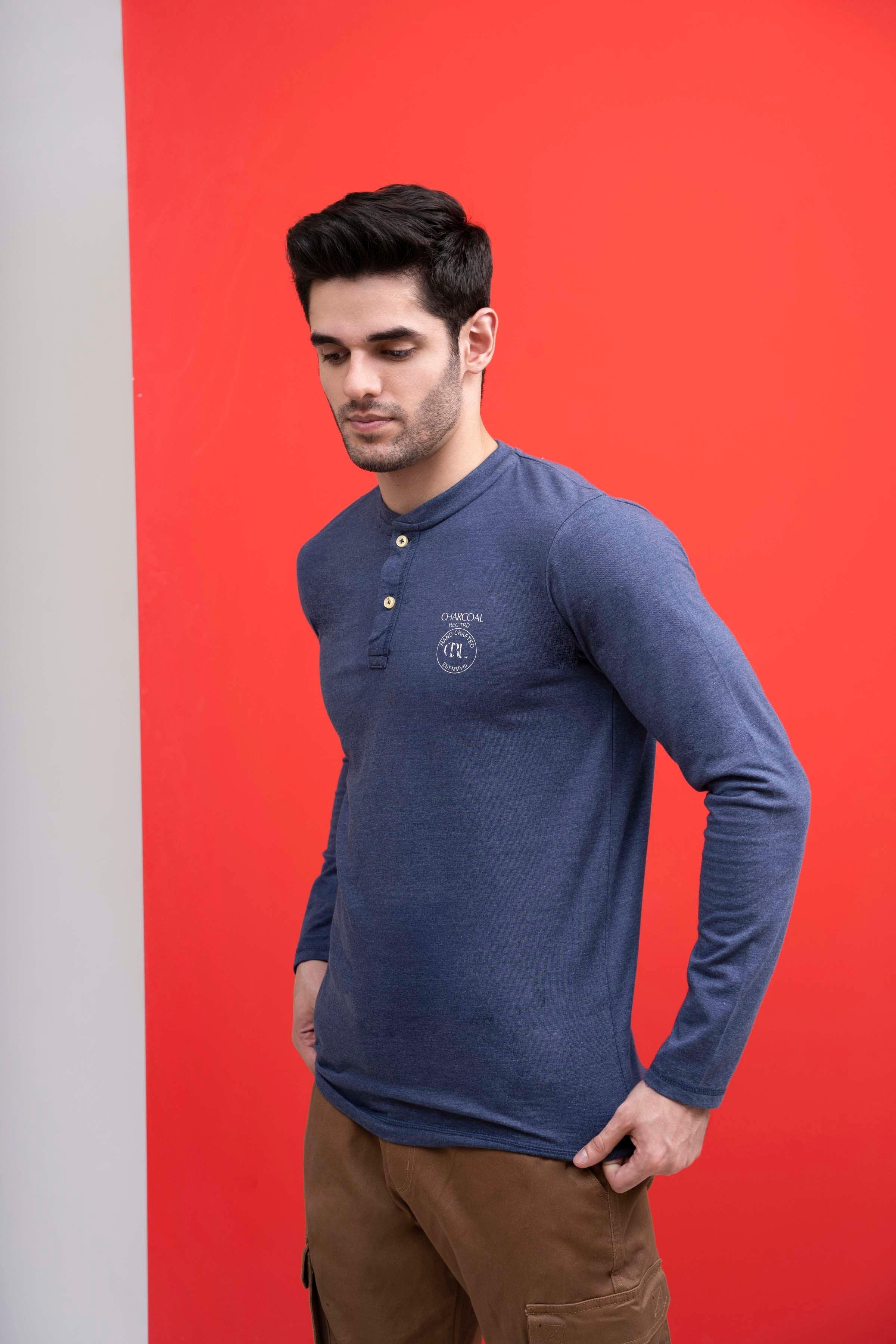 T SHIRT HENLAY FULL SLEEVE BLUE at Charcoal Clothing