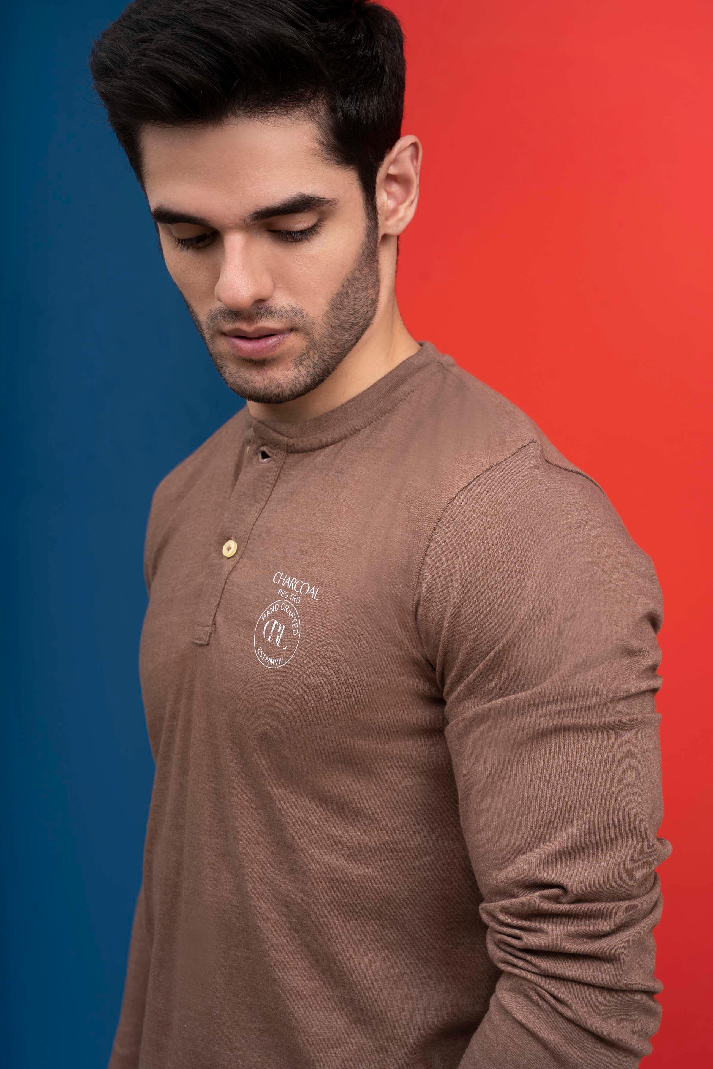 T SHIRT HENLAY FULL SLEEVE KHAKI at Charcoal Clothing