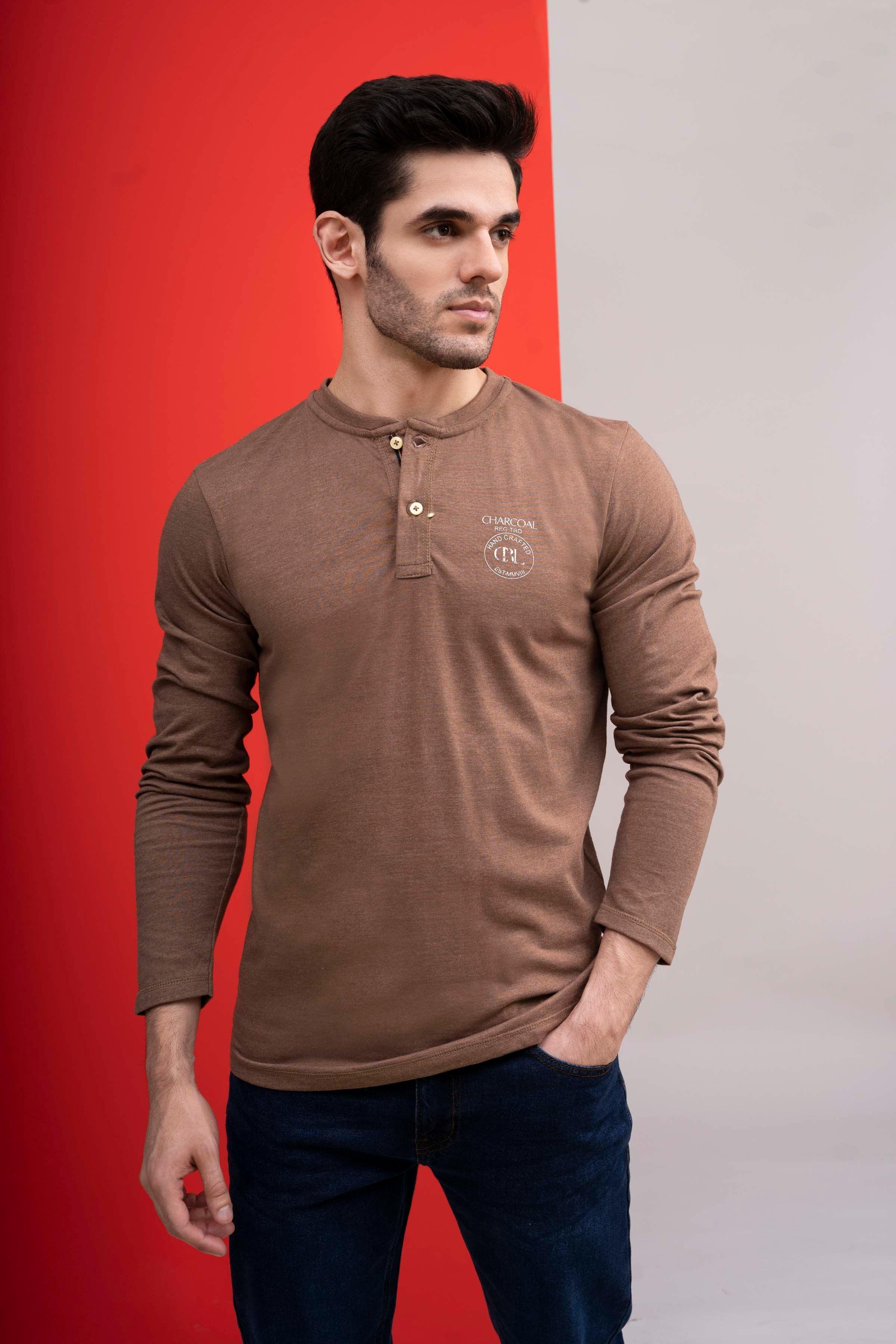 T SHIRT HENLAY FULL SLEEVE KHAKI at Charcoal Clothing