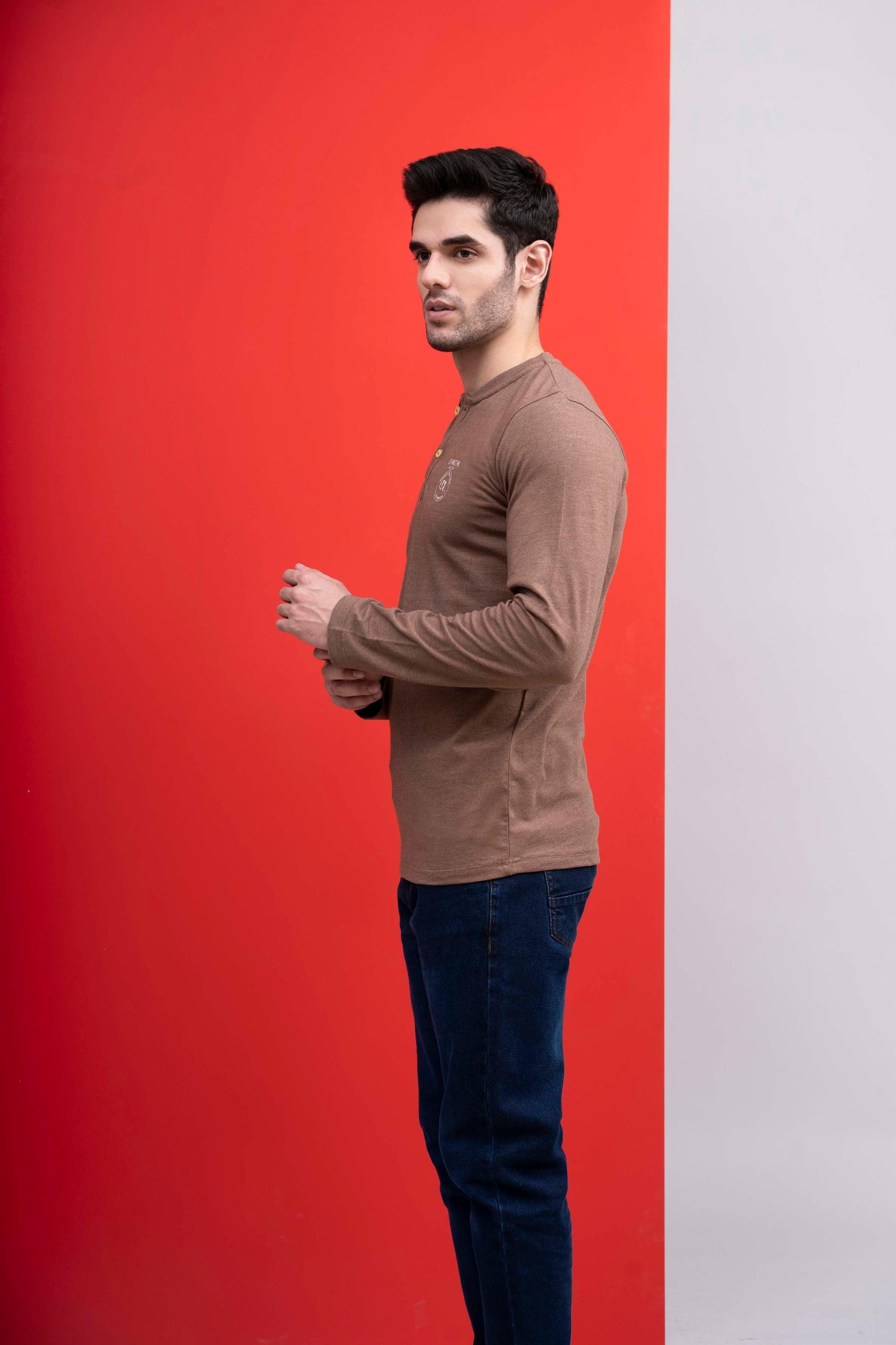 T SHIRT HENLAY FULL SLEEVE KHAKI at Charcoal Clothing