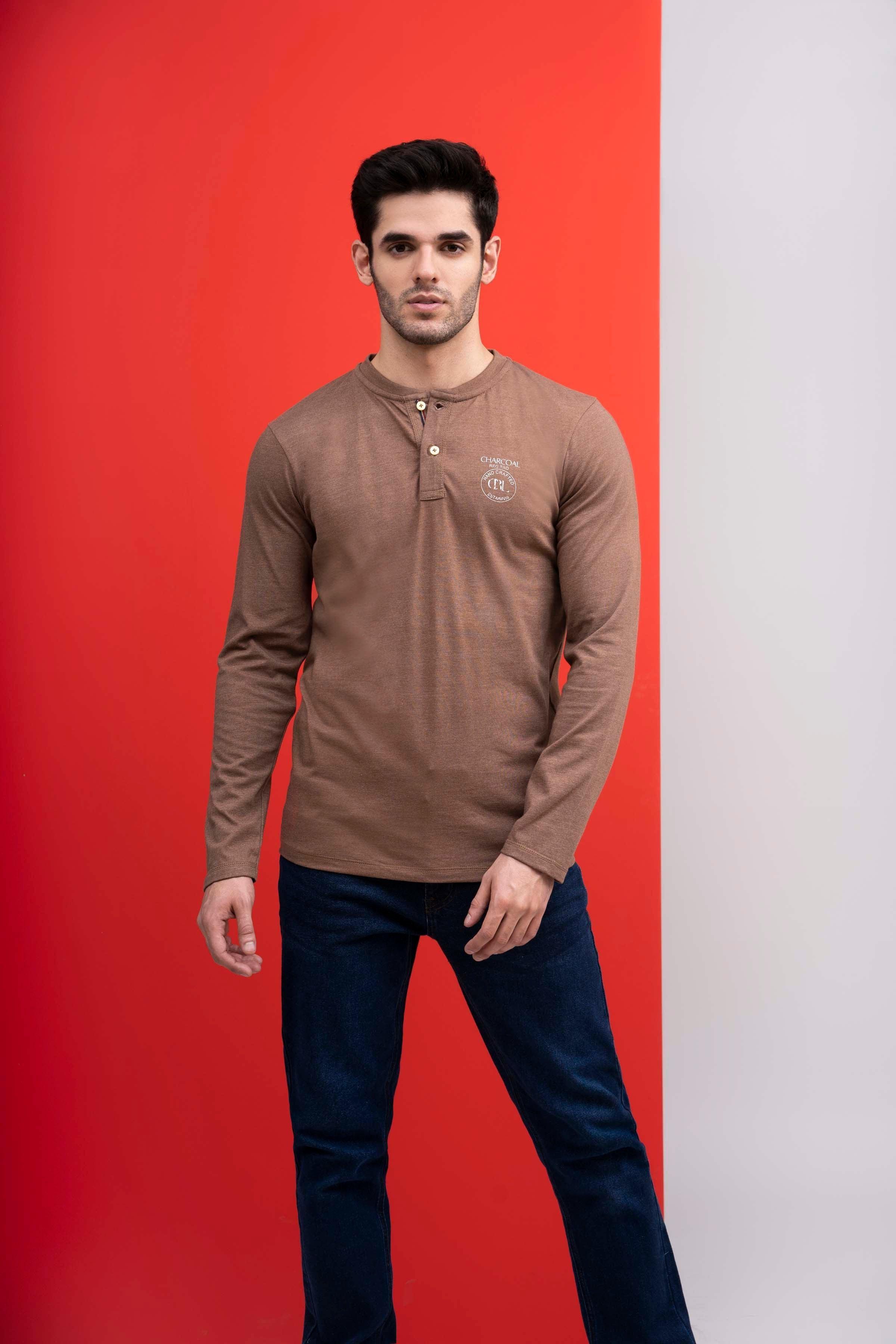 T SHIRT HENLAY FULL SLEEVE KHAKI at Charcoal Clothing