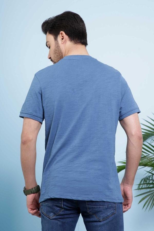 Men's blue henley T-shirt, short sleeves, back view