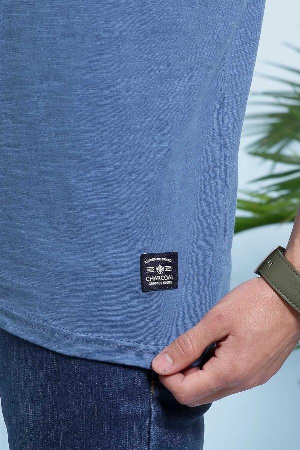 Blue henley T-shirt with small hem label patch