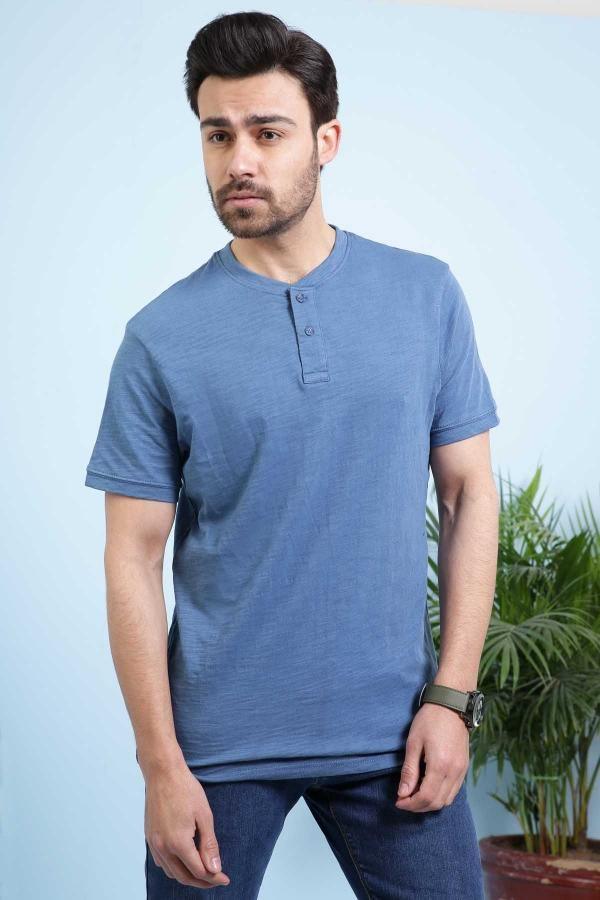 Men's blue henley T-shirt with button placket and short sleeves