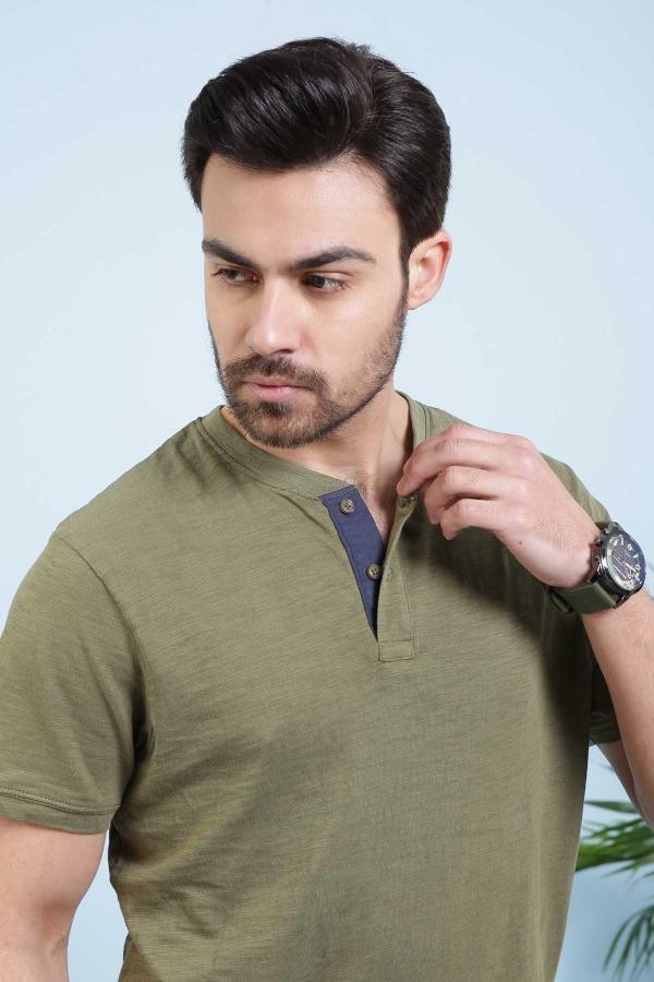 Men’s green Henley T-shirt with button placket detail and henley collar