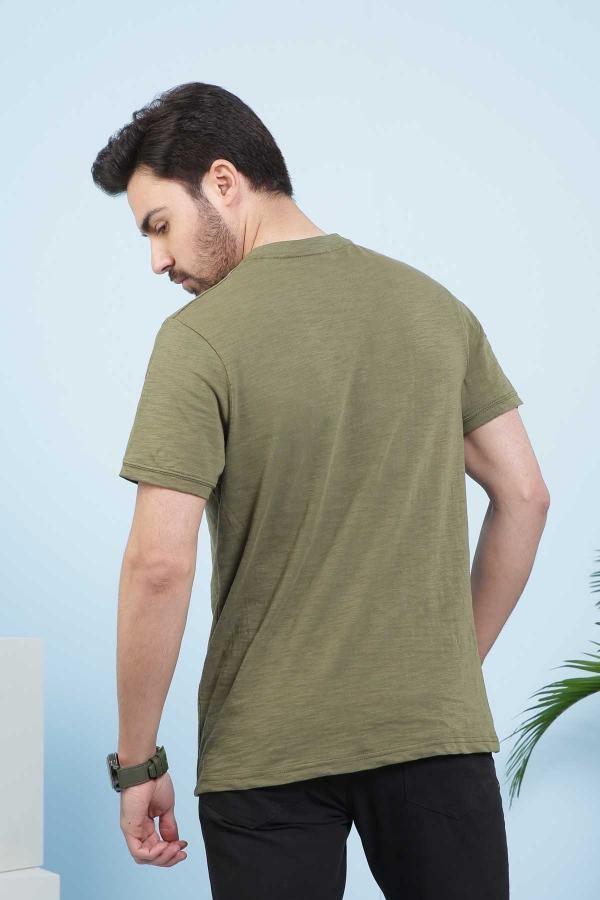 Men’s green Henley T-shirt with short sleeves, back view
