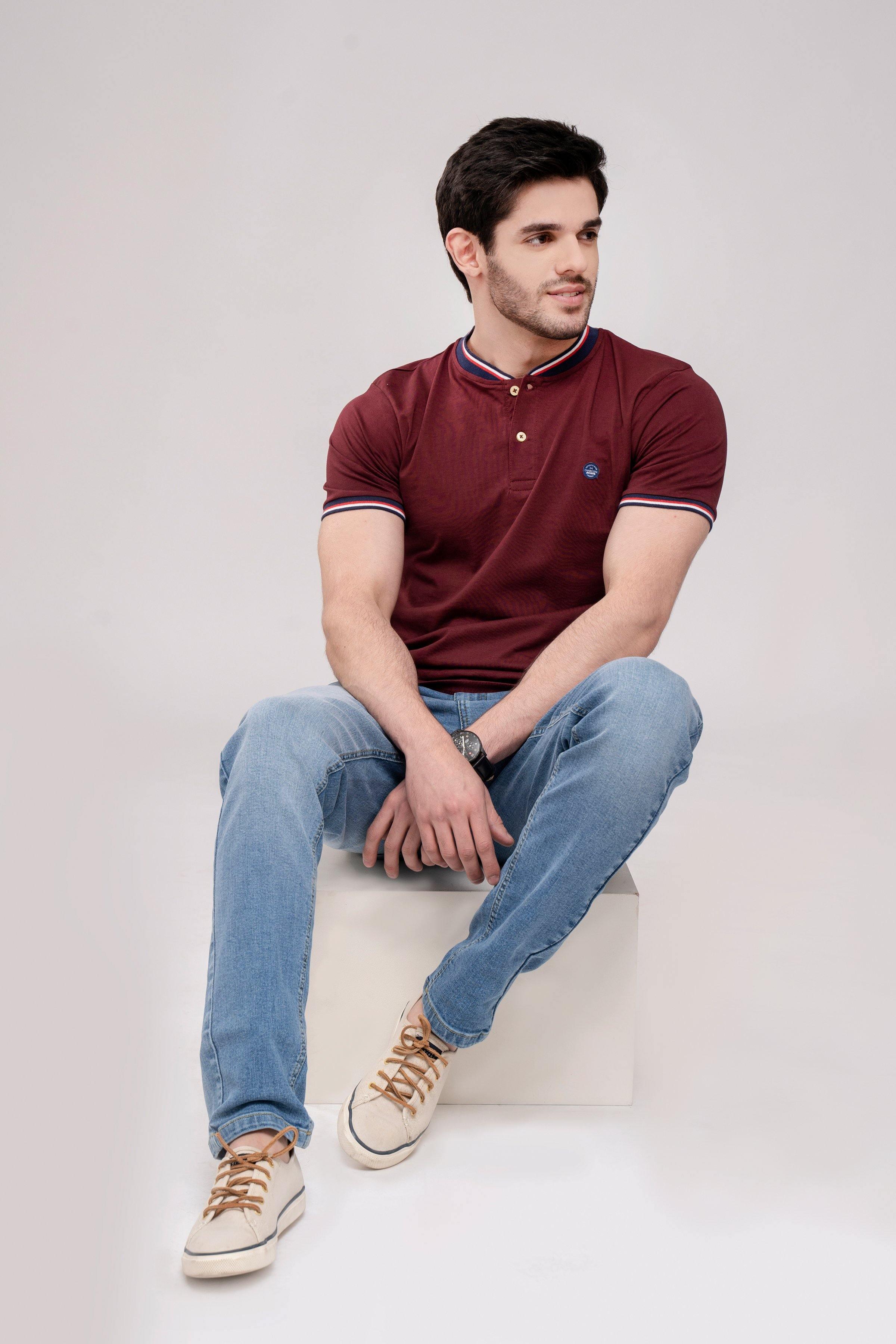 T SHIRT HENLEY TIPPING BAN MAROON at Charcoal Clothing