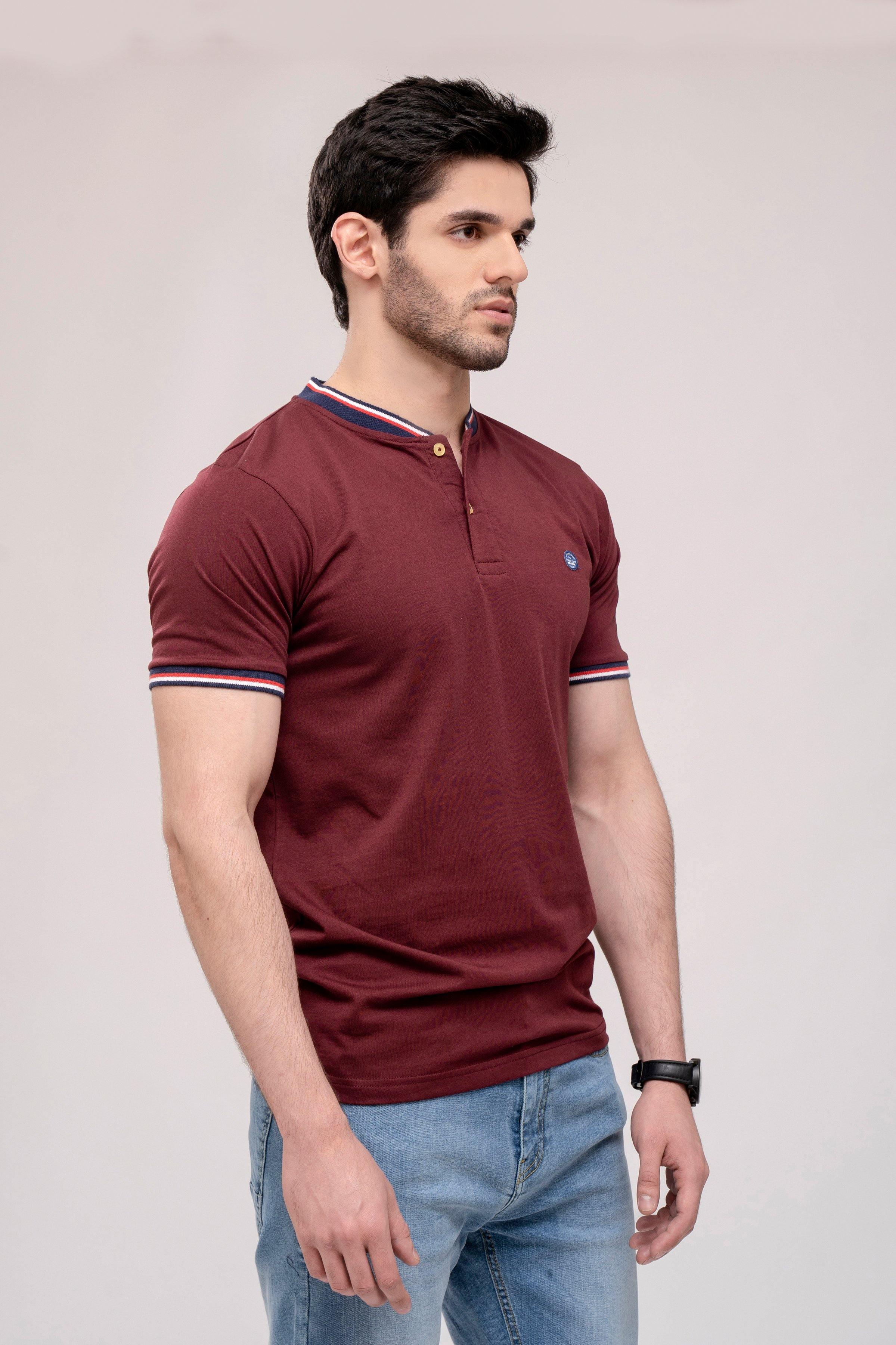 T SHIRT HENLEY TIPPING BAN MAROON at Charcoal Clothing