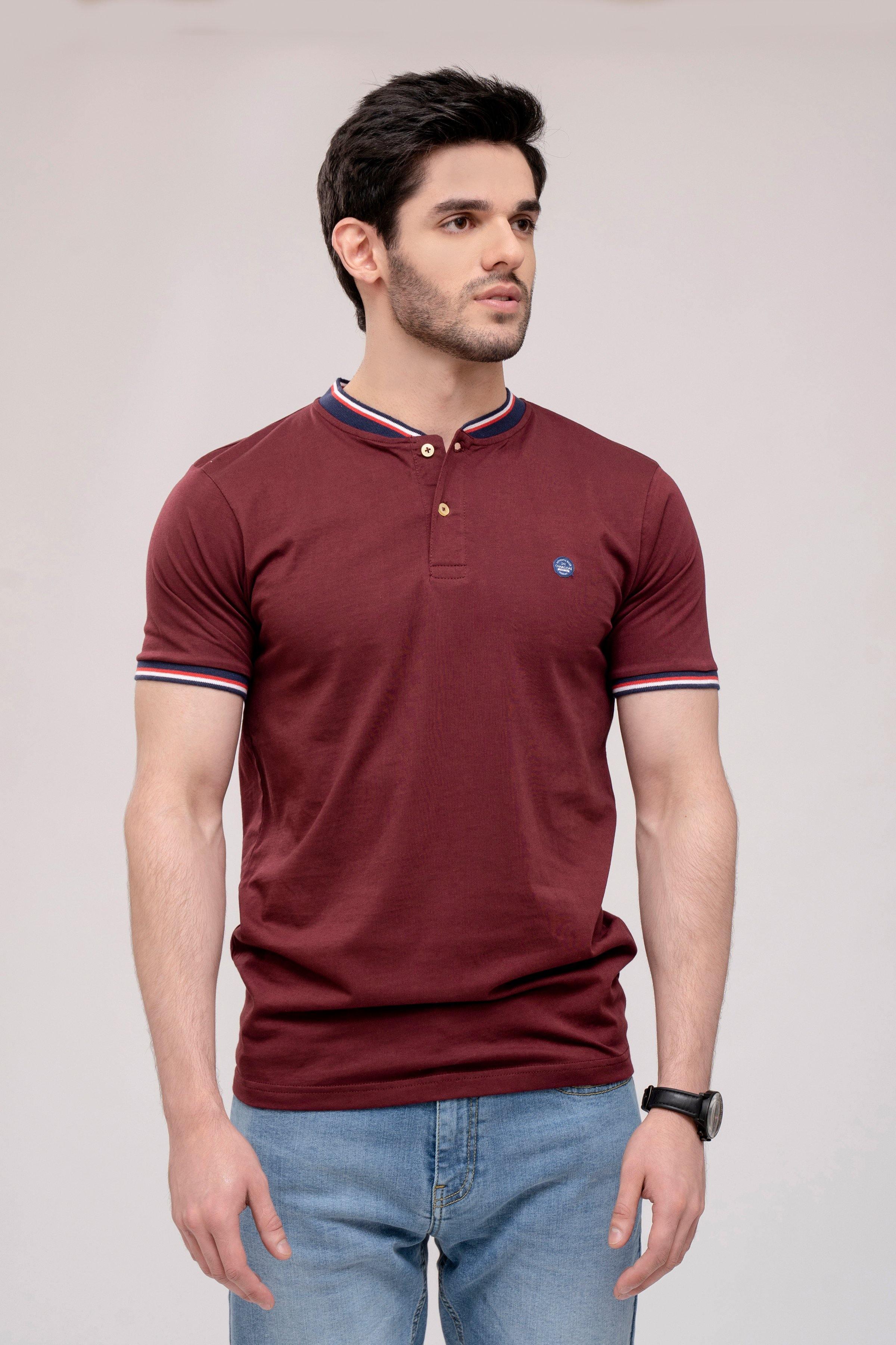 T SHIRT HENLEY TIPPING BAN MAROON at Charcoal Clothing