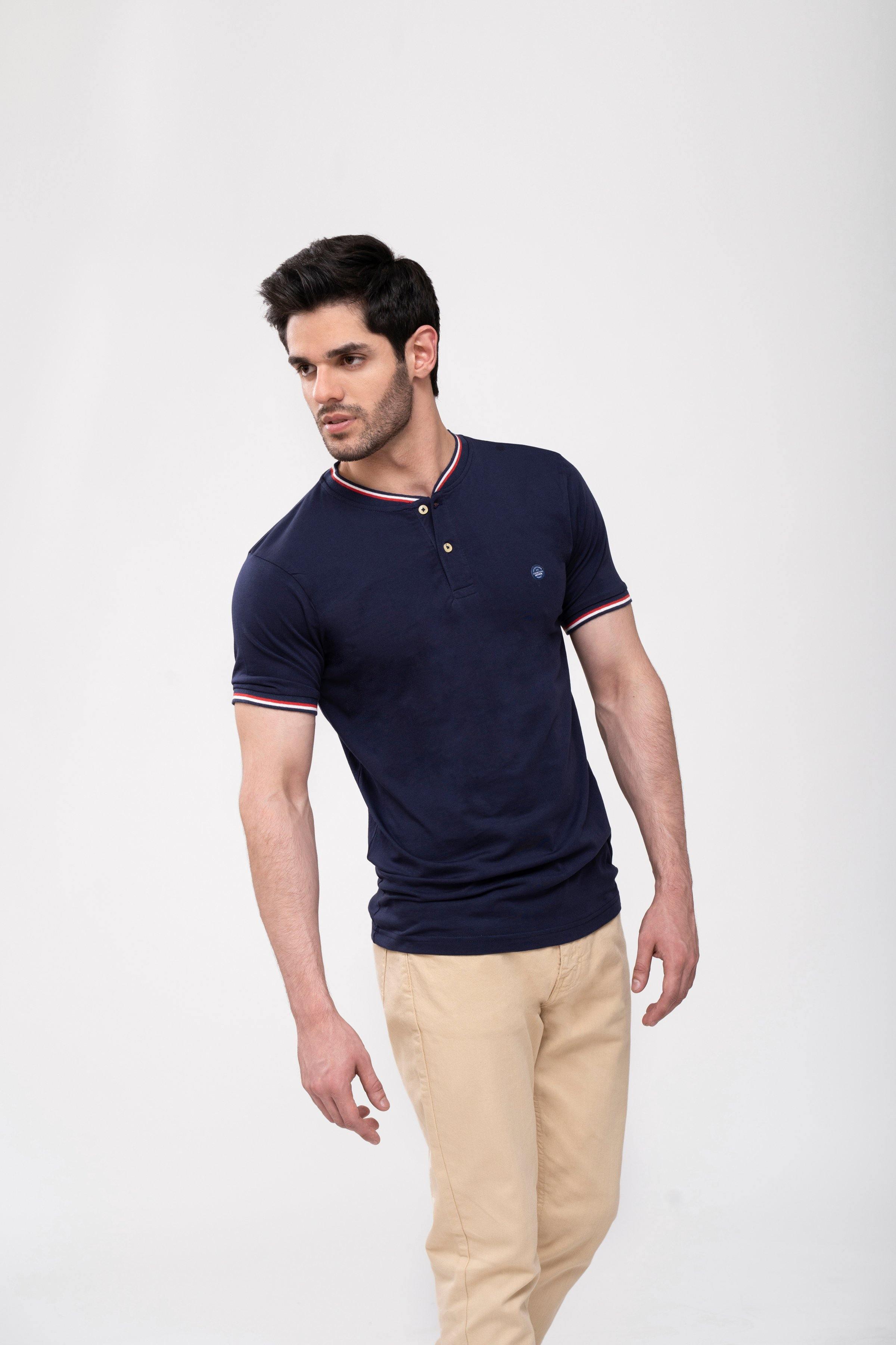 T SHIRT HENLEY TIPPING BAN NAVY at Charcoal Clothing