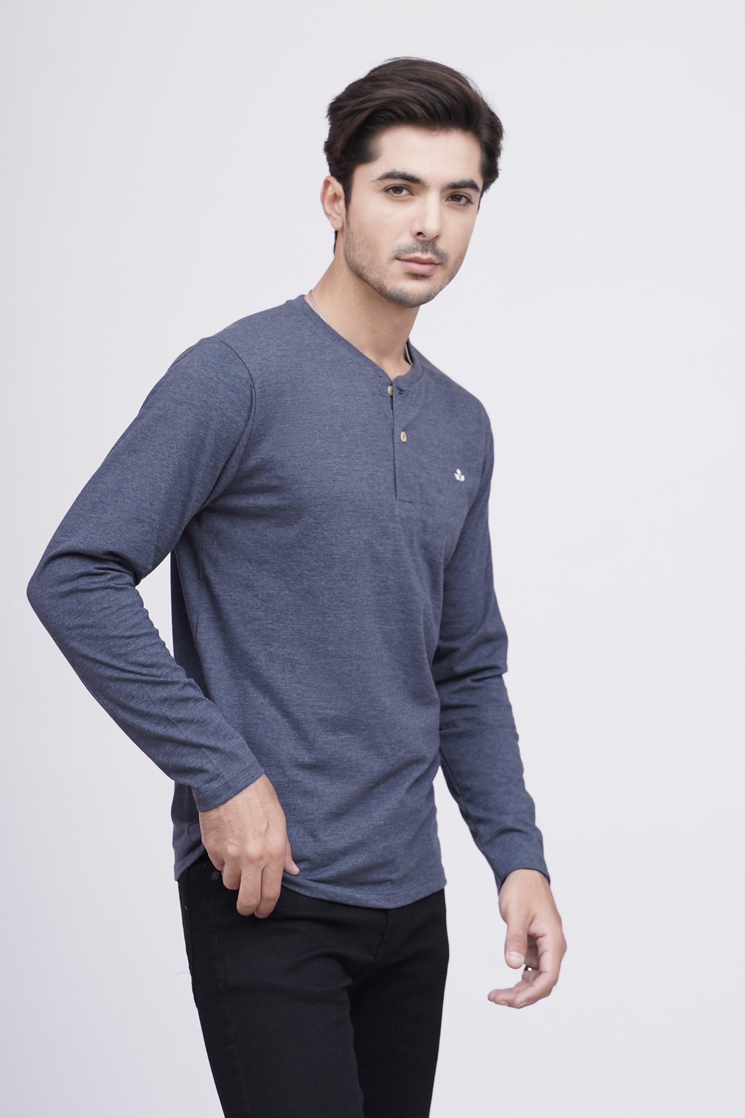 T SHIRT HENLY F/S BLUE MAROON at Charcoal Clothing