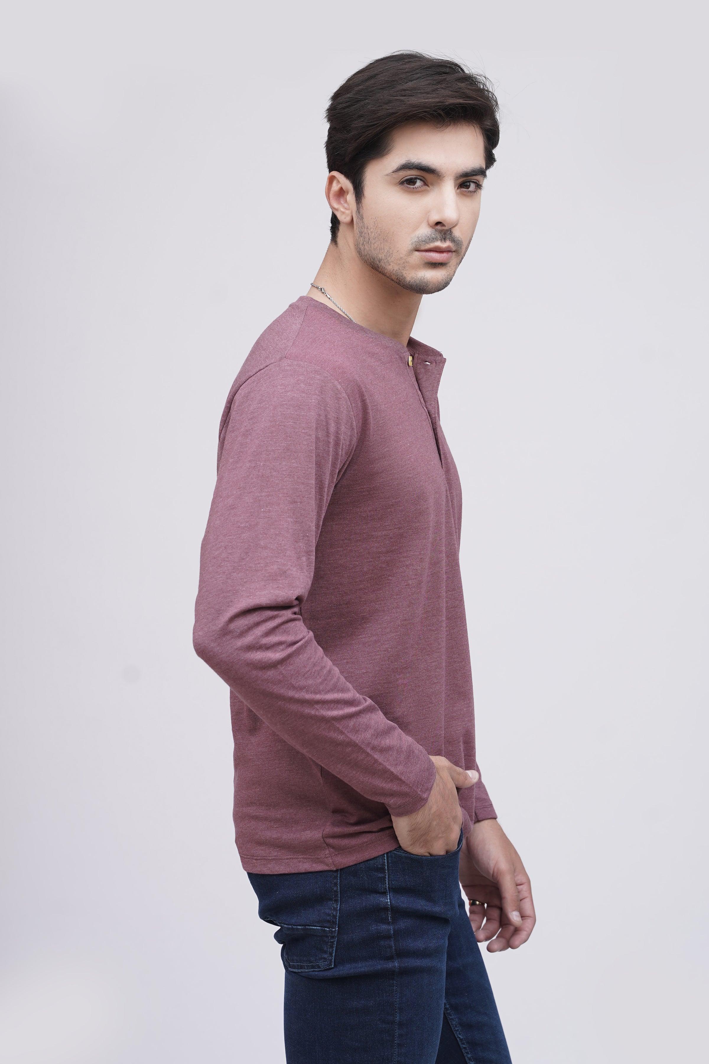 T SHIRT HENLY F/S MAROON MELANGE at Charcoal Clothing
