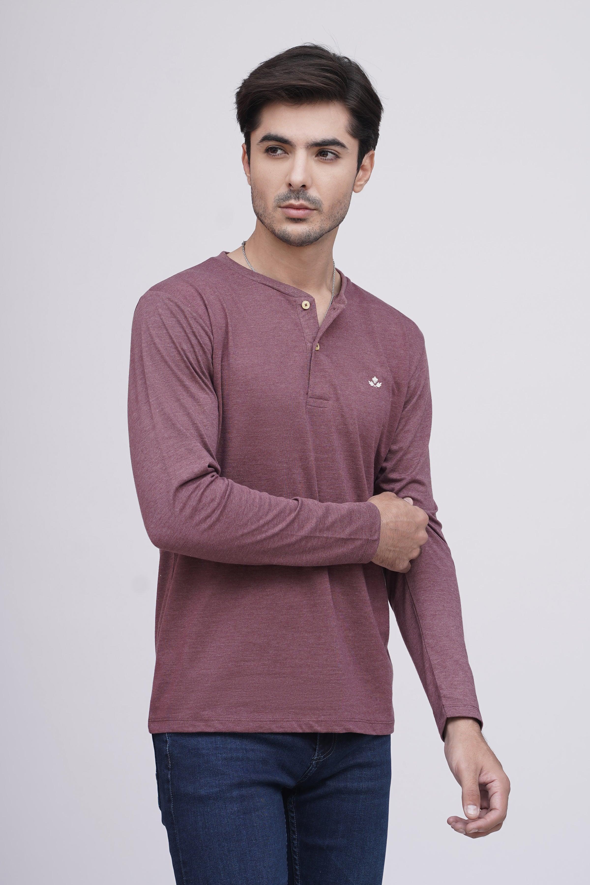 T SHIRT HENLY F/S MAROON MELANGE at Charcoal Clothing