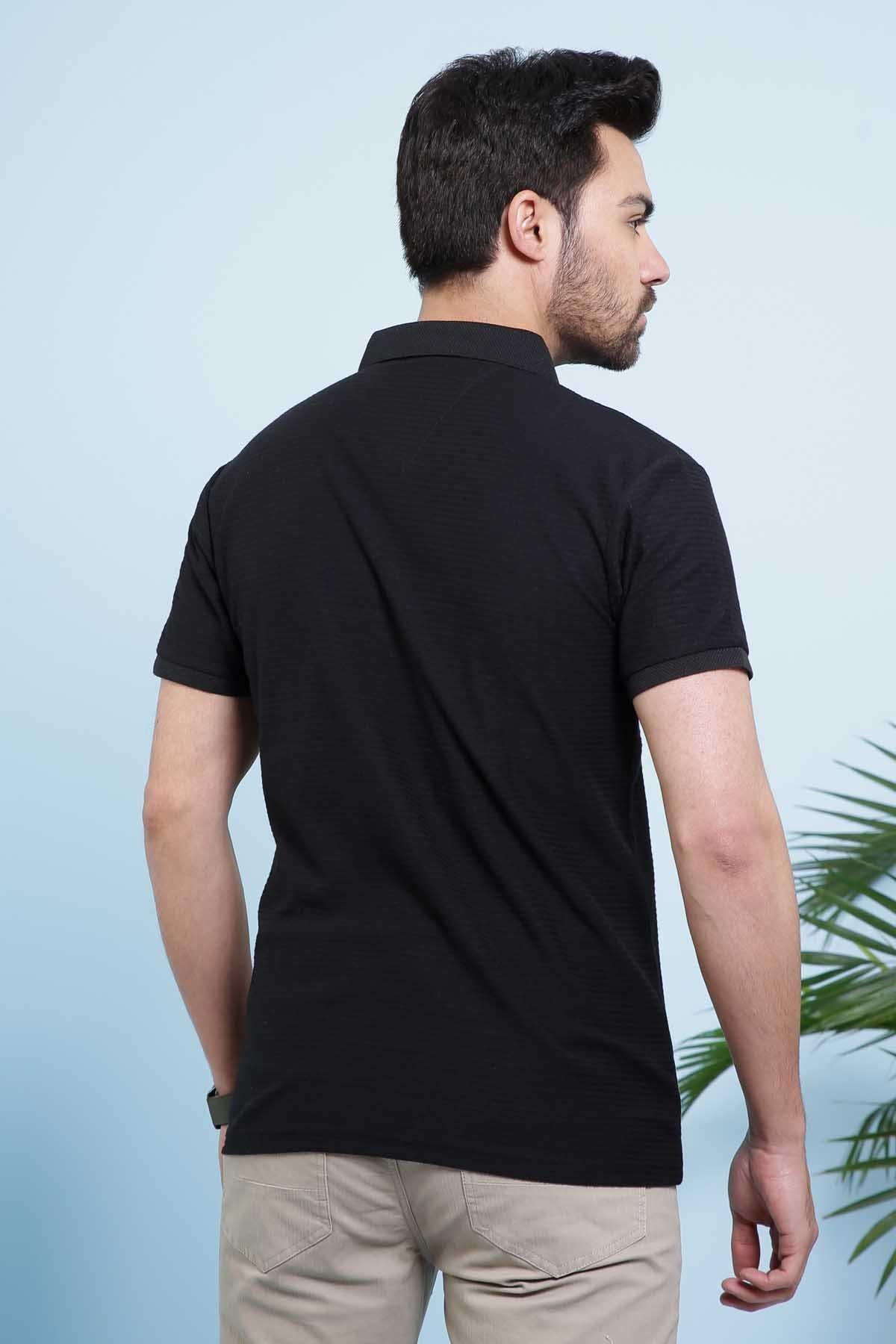 Black polo shirt back view with short sleeves and straight hem
