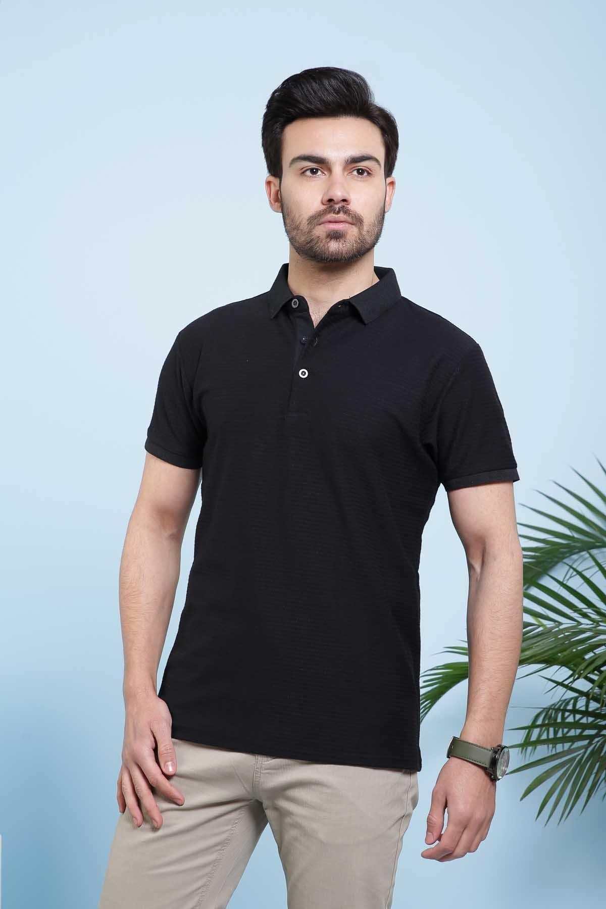 Black polo shirt with short sleeves, button placket, and dark collar