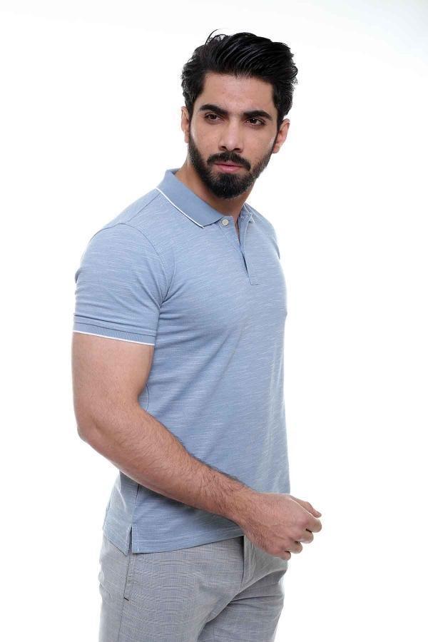 Men's light blue-gray polo shirt with short sleeves and button placket, side view