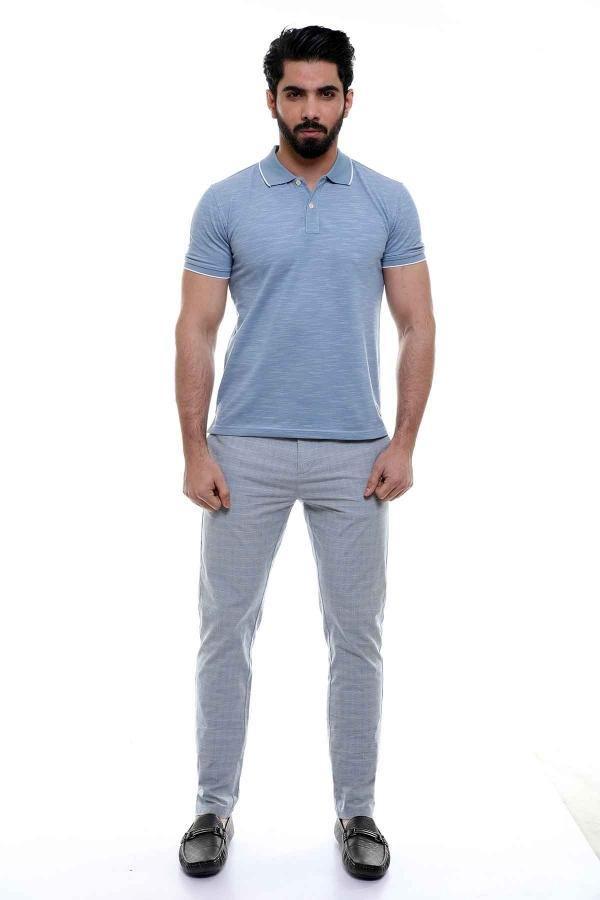 Men's short-sleeve polo shirt in light blue-gray with buttoned collar placket