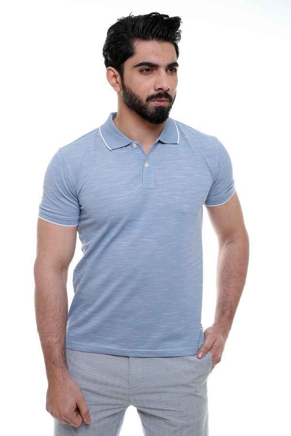 Men's light blue-gray polo shirt with ribbed collar and short sleeves, front view