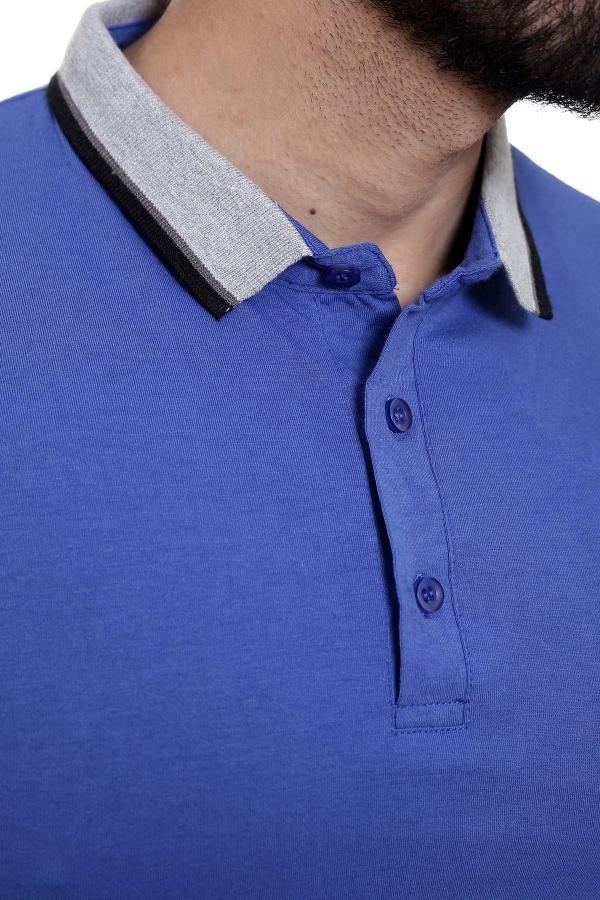 Blue polo collar with gray inner trim and black button placket