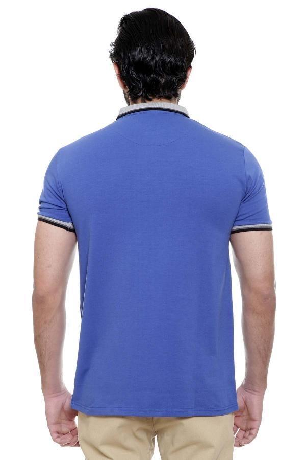 Blue polo shirt back view with short sleeves