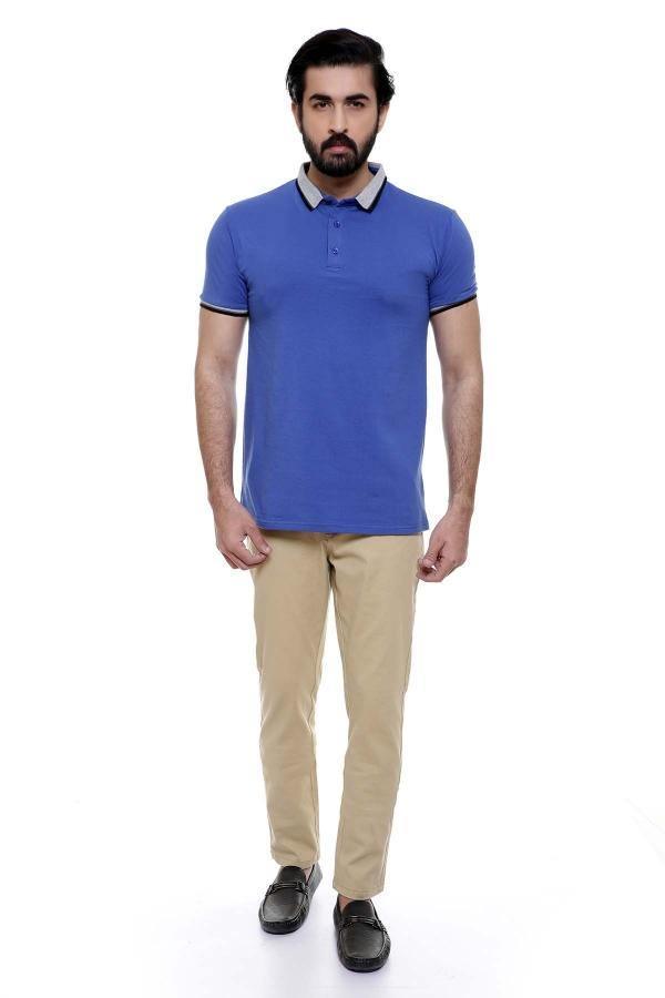 Blue polo shirt with button placket and short sleeves