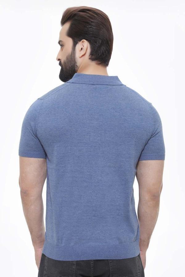 Blue polo shirt back view with short sleeves and collar