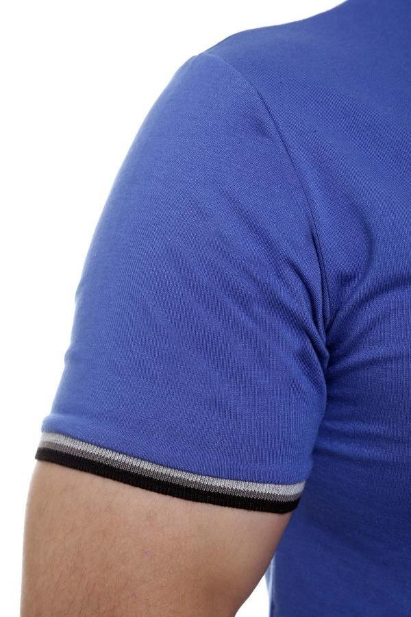 Blue polo shirt sleeve with black and white ribbed edge