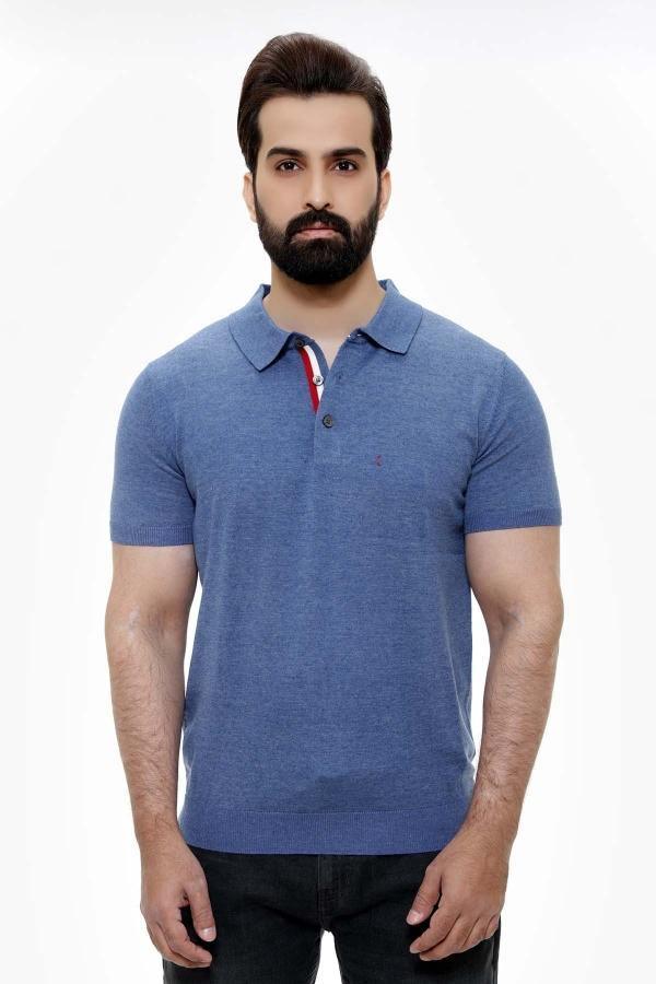 Blue polo shirt with short sleeves and buttoned collar, worn by a model